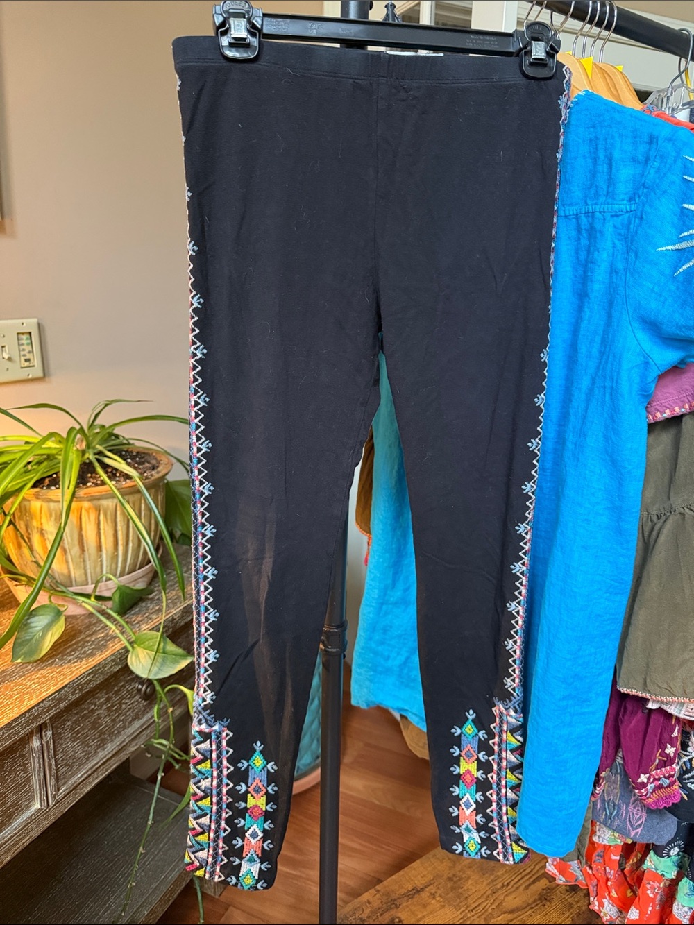 Johnny Was Black Leggings with Colorful Embroidered Side Trim